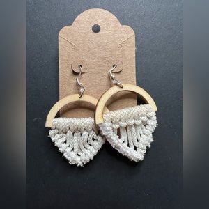 003 Custom Handmade Earrings on a Wooden Half-moon with Ivory Macrame Design